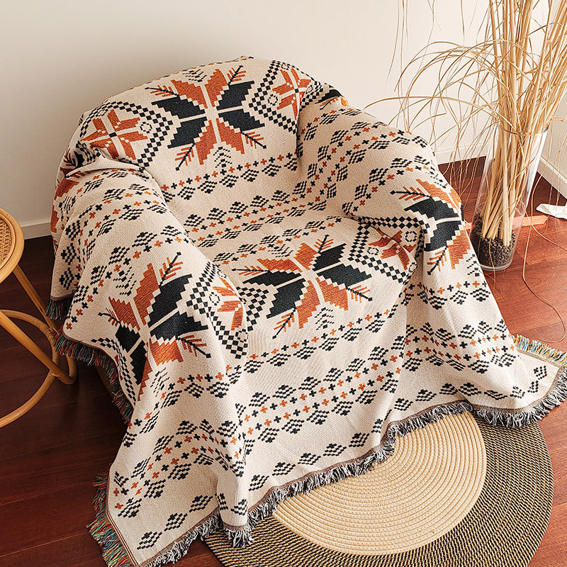 Waffle Weave Cotton-Linen Fringe Sofa Throw Blanket