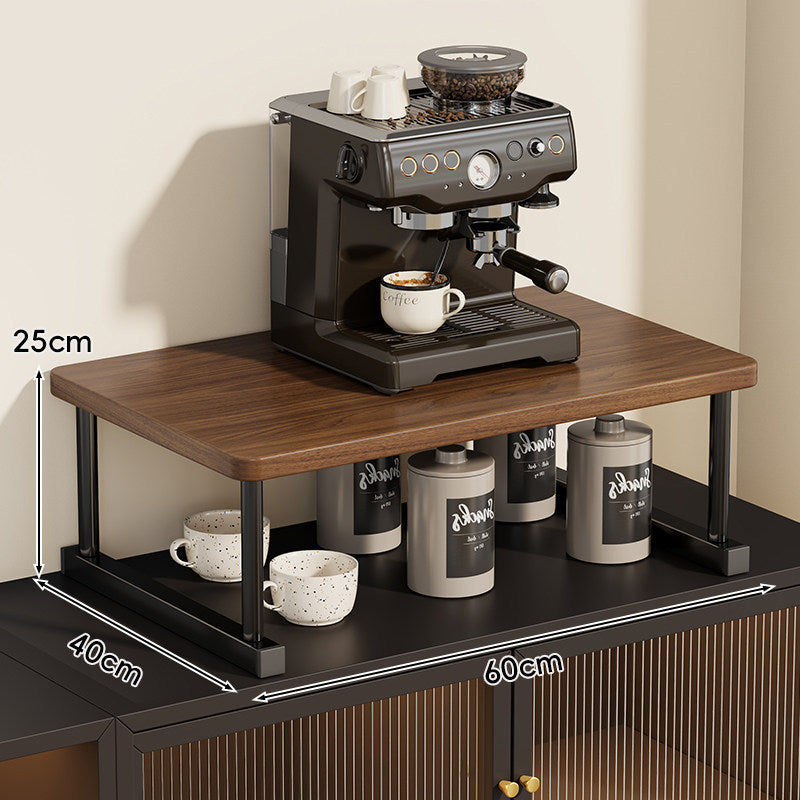 Zweistöckiges Kaffeestation-Regal mit Walnuss-Optik und Metallrahmen