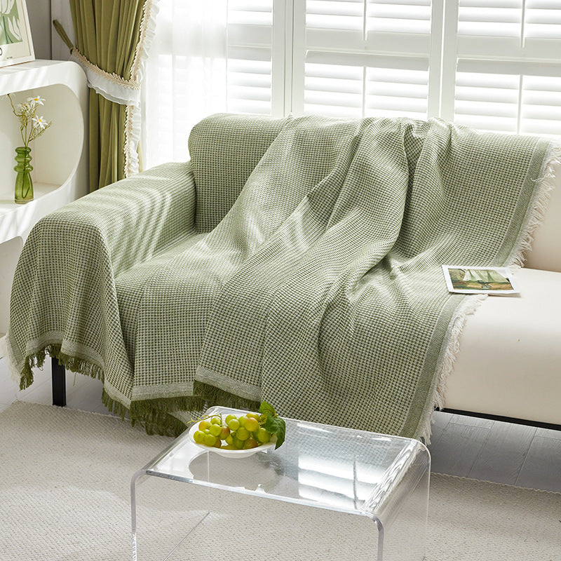 Waffle Weave Cotton-Linen Fringe Sofa Throw Blanket