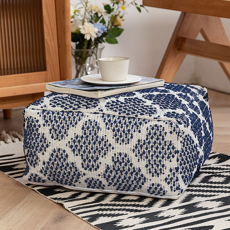 Woven Decorative Pouf with Fringes and Structured Striped Look