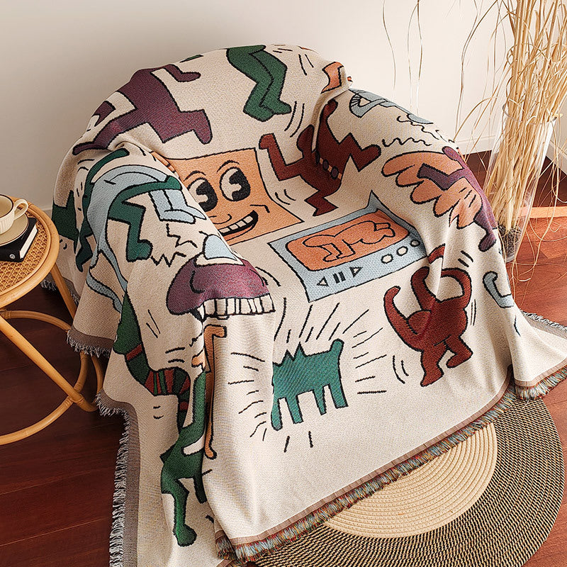 Waffle Weave Cotton-Linen Fringe Sofa Throw Blanket