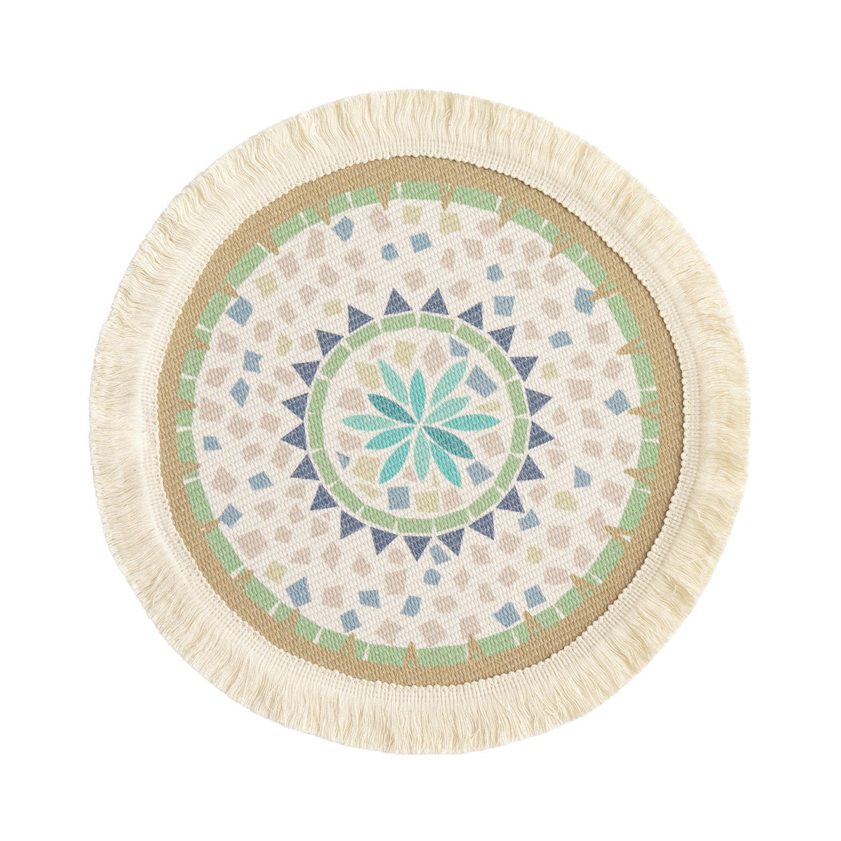 Round Woven Decorative Rug with Fringes and Botanical Pattern