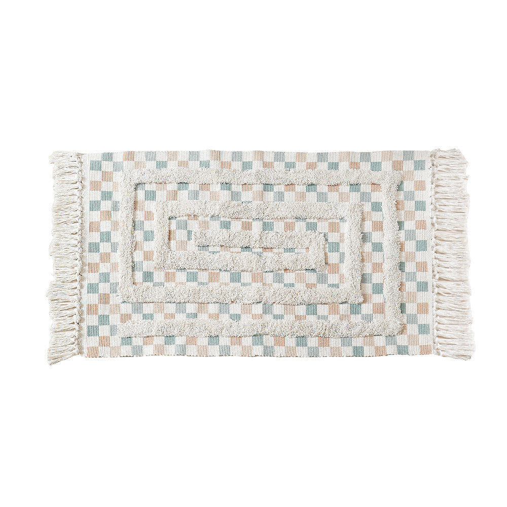 Hand-Tufted Bathroom Mat with Fringes and Dot-and-Dash Pattern