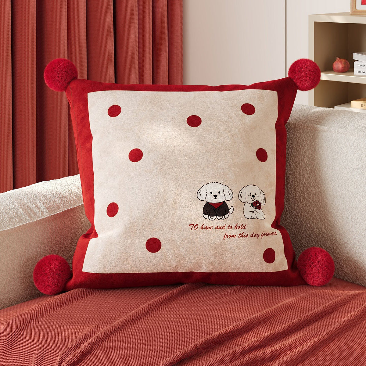 Quadratisches Baumwoll-Leinen-Kissen mit Pompon-Ecken und Love-Print