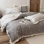 Reversible Quilt in Vintage Botanical Design with Ruffle and Matching Pillowcases