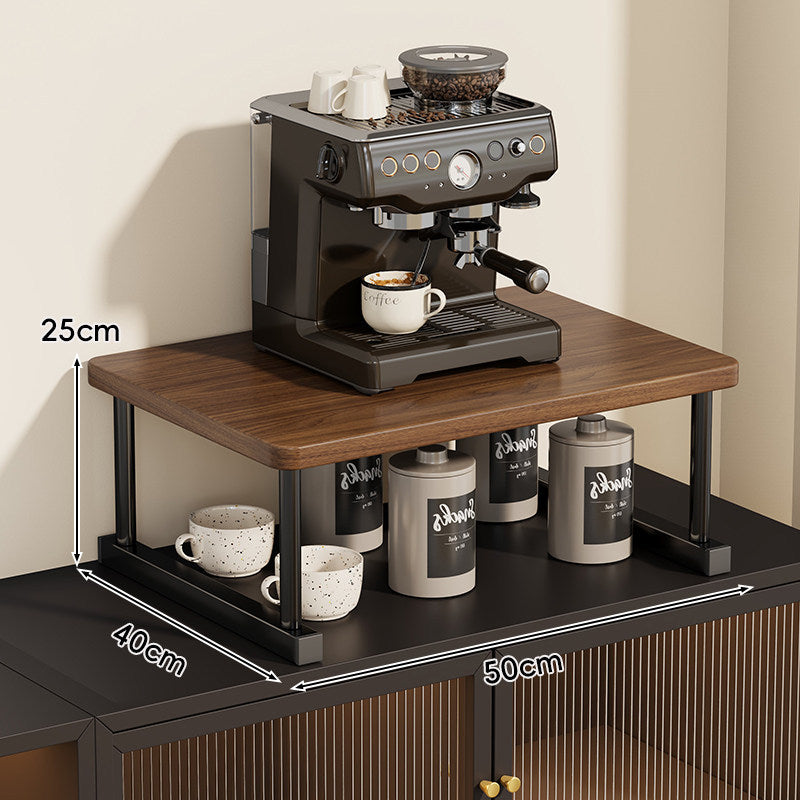 Zweistöckiges Kaffeestation-Regal mit Walnuss-Optik und Metallrahmen