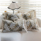 Decorative velvet cushion cover with embroidered fern jacquard and fringed edge