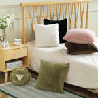 Square plush decorative cushion with microfiber faux fur surface and concealed zipper
