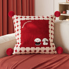 Quadratisches Baumwoll-Leinen-Kissen mit Pompon-Ecken und Love-Print