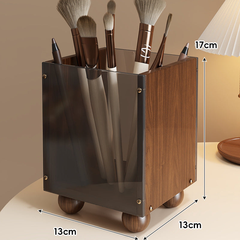 Smoked Acrylic and Walnut Makeup Brush Organizer