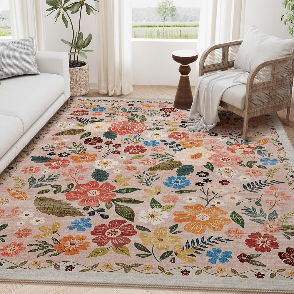 Large Floral Printed Low-Pile Area Rug