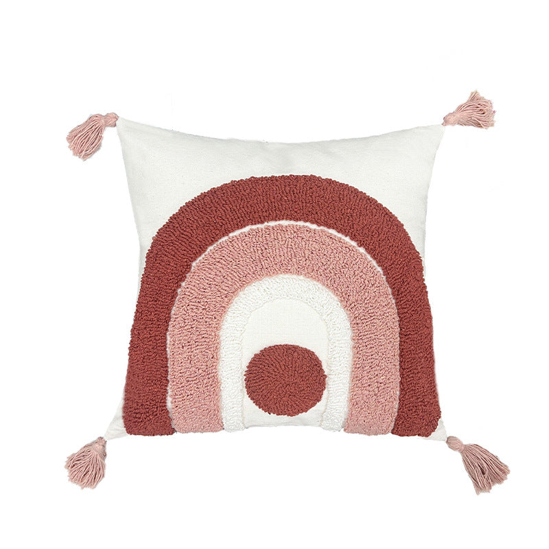 Quadratischer Boho-Kissenbezug mit handgetuftetem Regenbogenrelief und Eckquasten