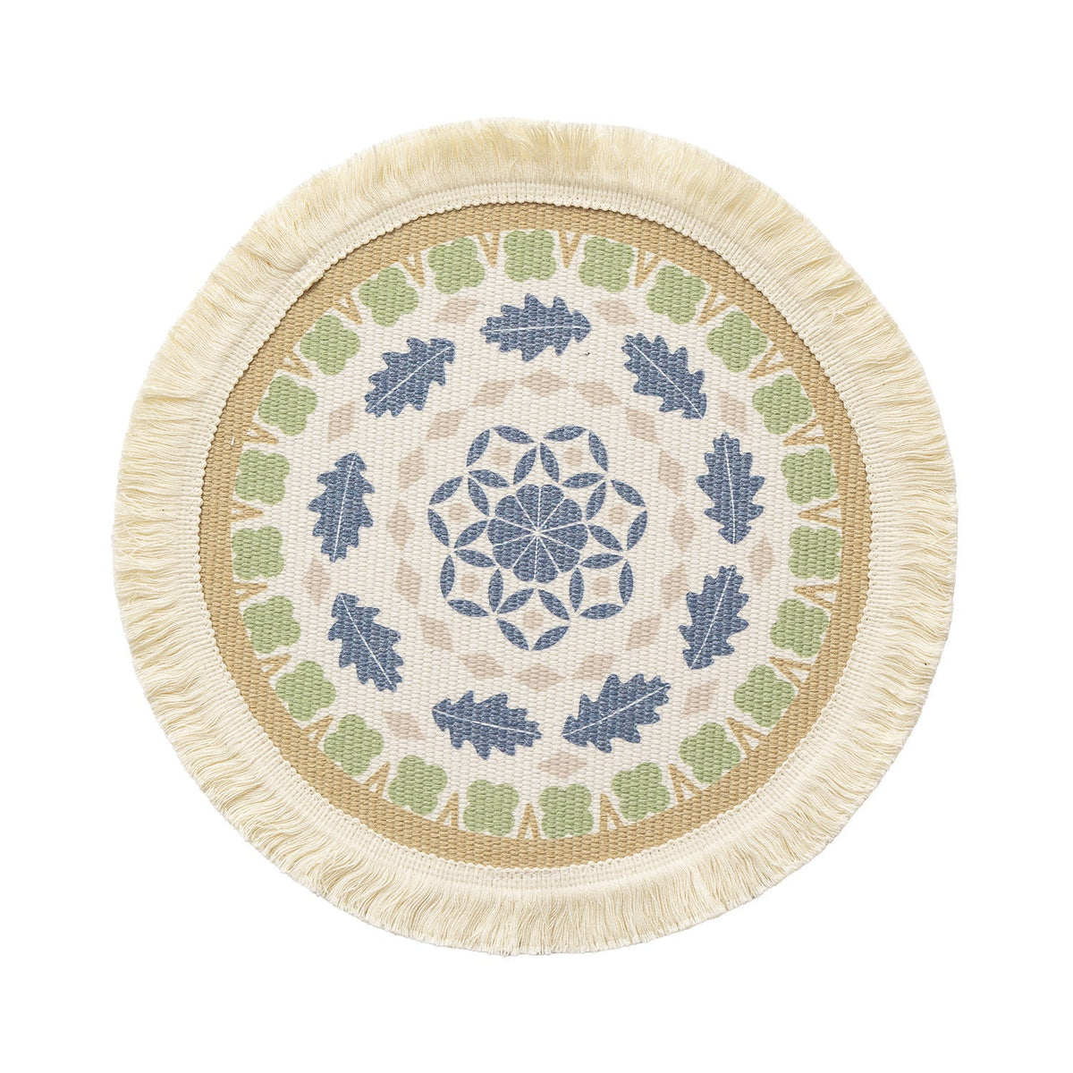 Round Woven Decorative Rug with Fringes and Botanical Pattern