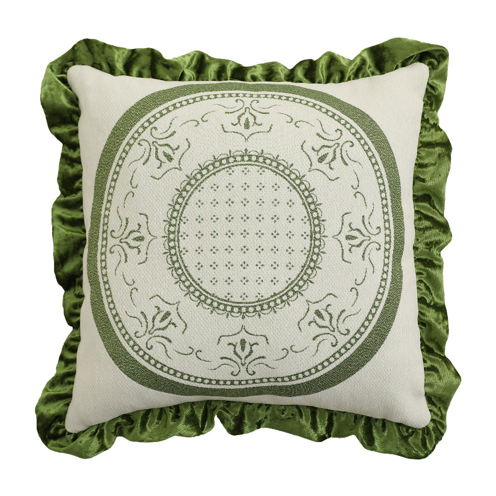 Square decorative pillow in Baroque style with velvet ruffle and putto jacquard