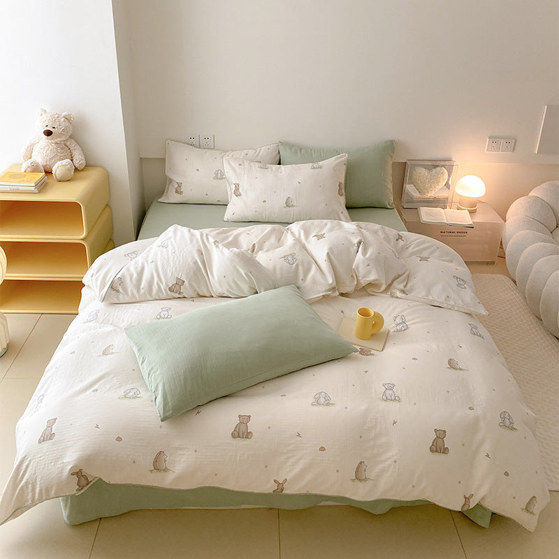 Playful peach print cotton percale reversible bedding set
