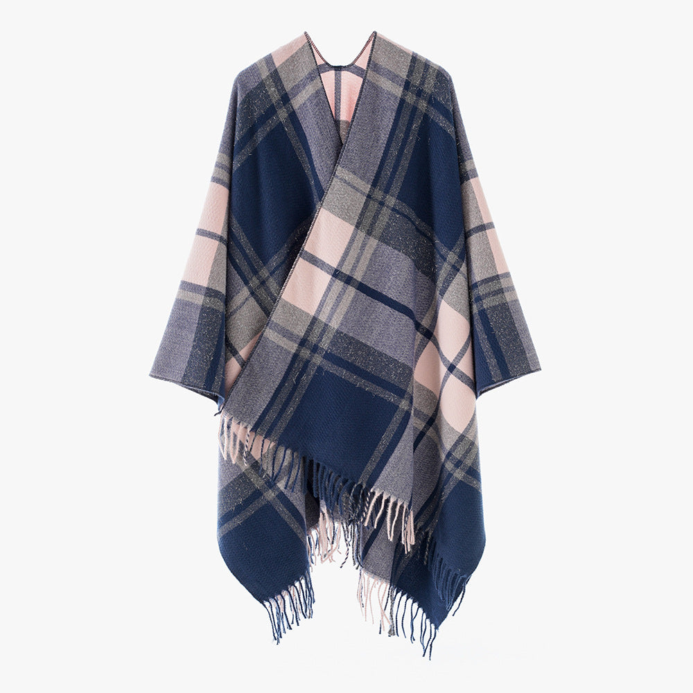 Women's Rectangular Plaid Throw with Soft Wool Blend and Fringe Hem