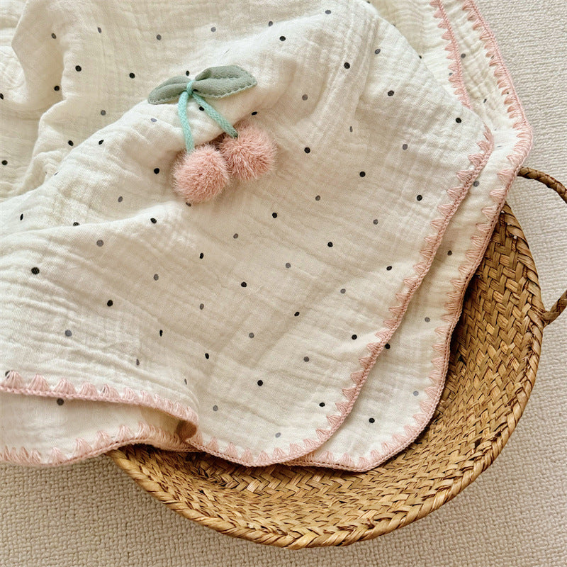 Unisex Cozy Muslin Blanket with Playful Pom-Pom Design