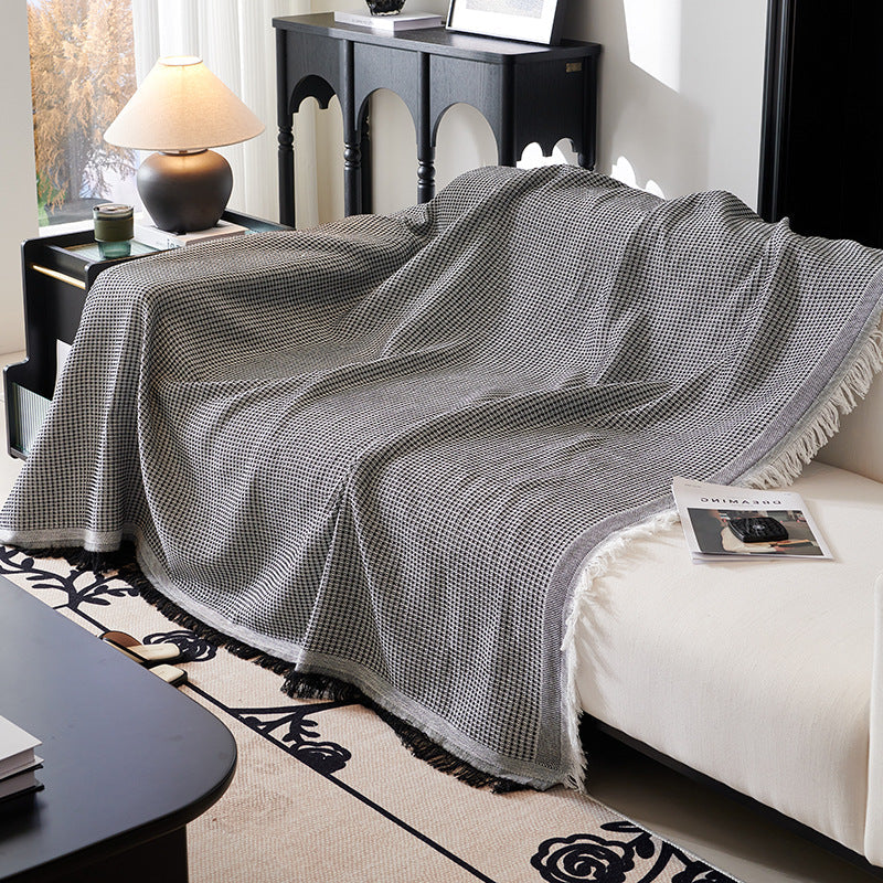 Waffle Weave Cotton-Linen Fringe Sofa Throw Blanket