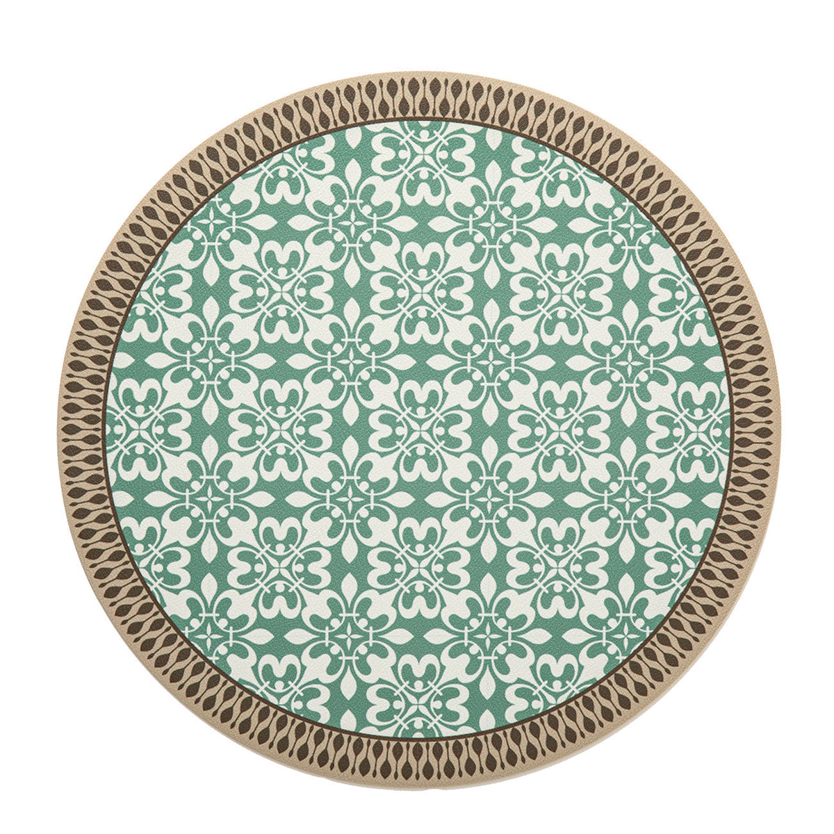 Round decorative rug with floral animal illustration and fine jacquard structure