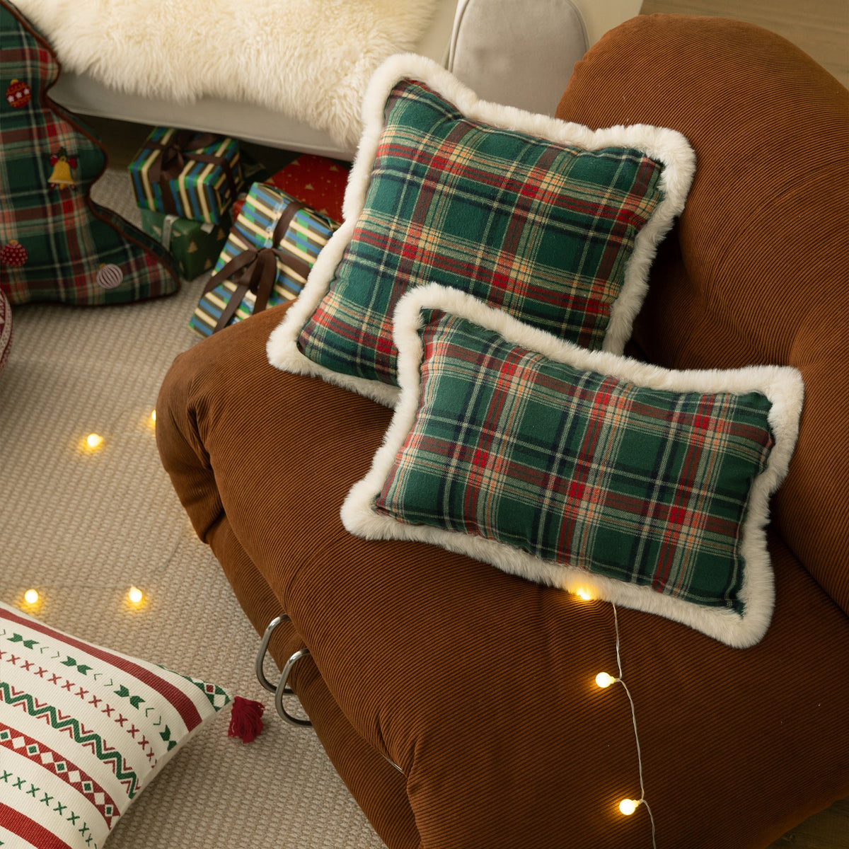 Traditional tartan decorative cushion with fluffy faux fur border
