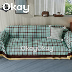 Reversible Plaid-Trim Sofa Slipcover and Throw Blanket Set