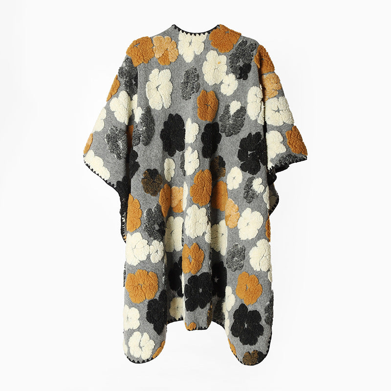 Floral Wool Blend Blanket Poncho with Textured Jacquard and Fringe
