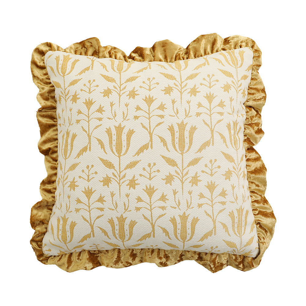 Square decorative pillow in Baroque style with velvet ruffle and putto jacquard