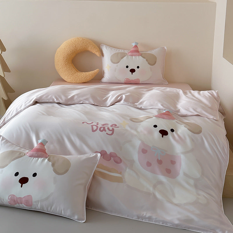 Kinderbettwäsche aus seidenmattem Satin mit Panda- und Apfel-Print