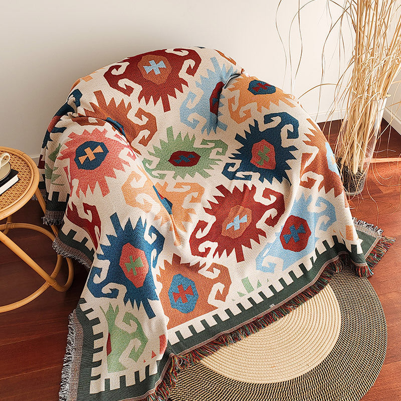 Waffle Weave Cotton-Linen Fringe Sofa Throw Blanket