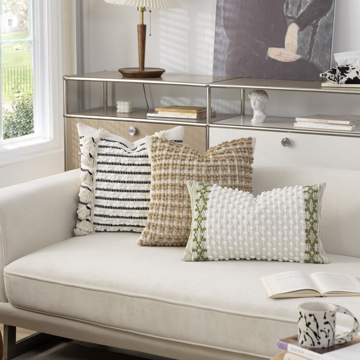 Woven Boho decorative cushion with tassels, tufted relief and handcrafted details