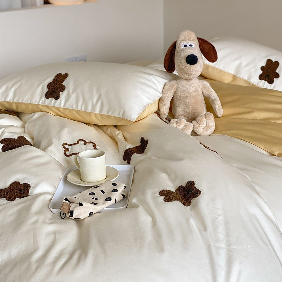 Reversible Cotton Satin Duvet Cover Set with Sheep and Tree Appliqués