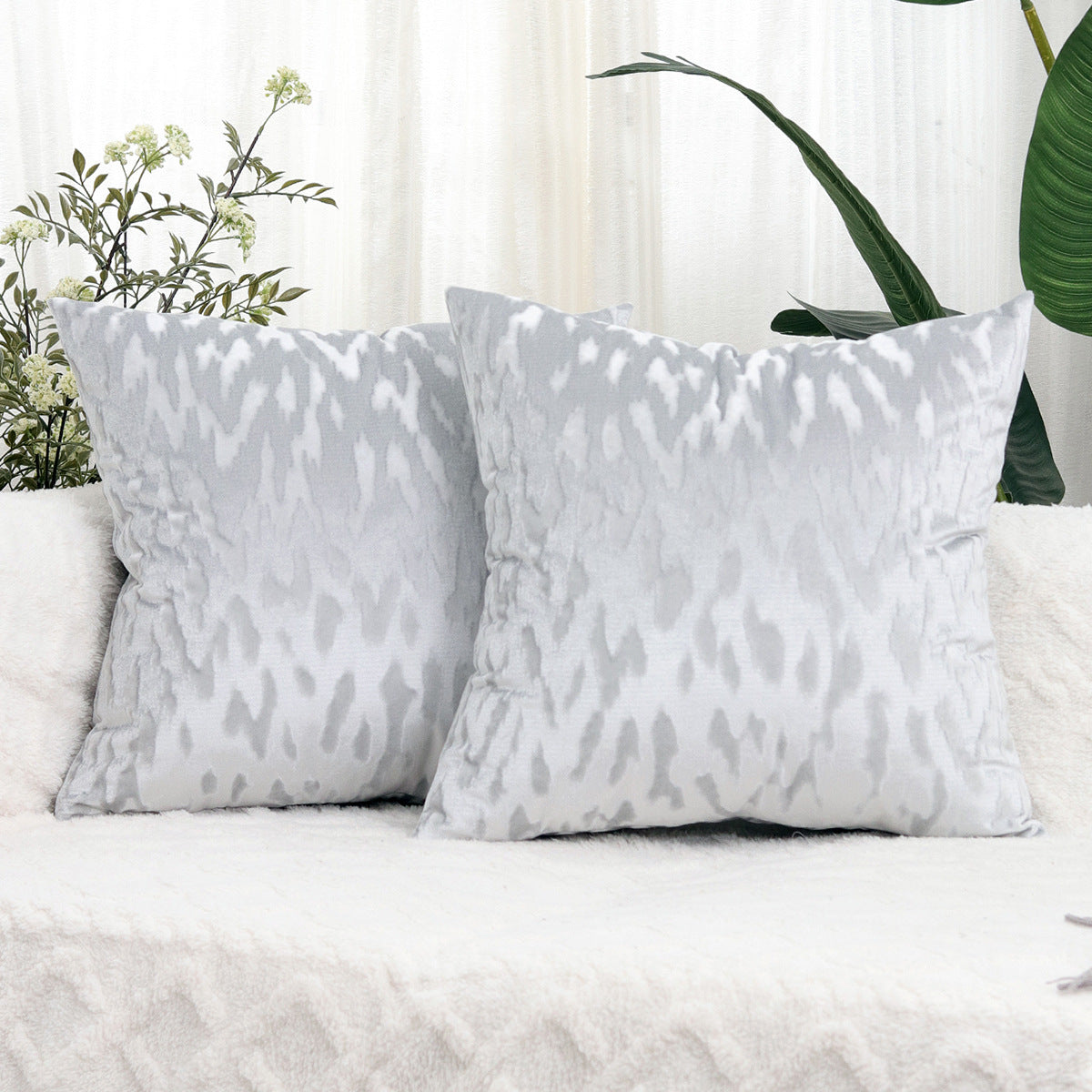 Plush Textured Velvet Square Throw Pillow Covers with Embossed Animal-Effect Jacquard