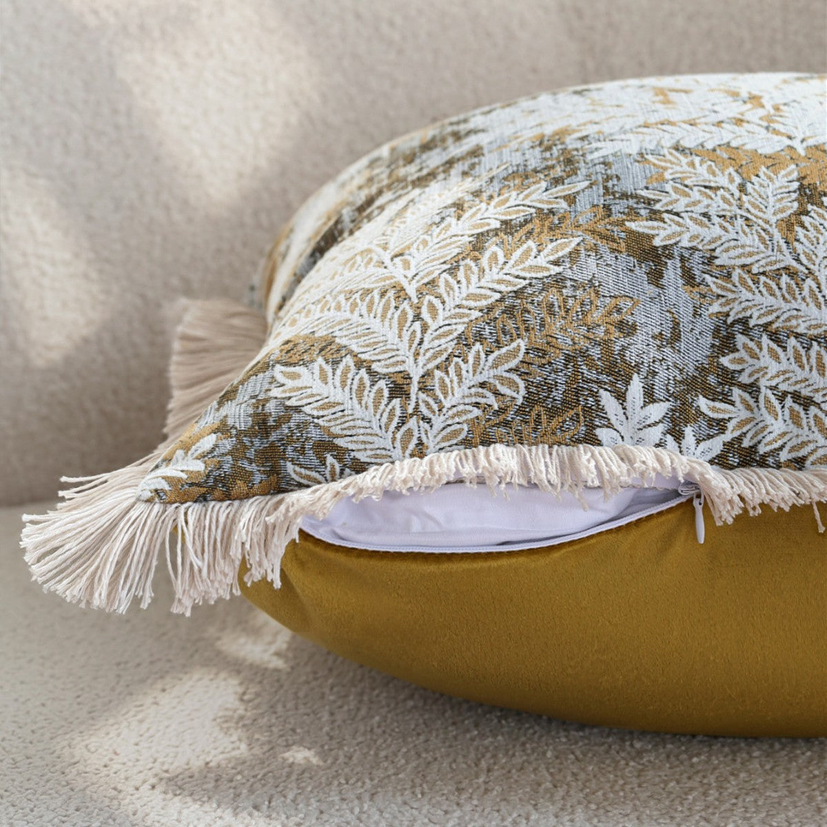 Decorative velvet cushion cover with embroidered fern jacquard and fringed edge