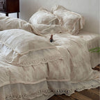 Linen-Cotton Blend Bedding Set with Floral Print and Lace
