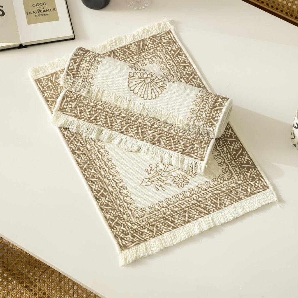 Round Woven Decorative Rug with Fringes and Botanical Pattern