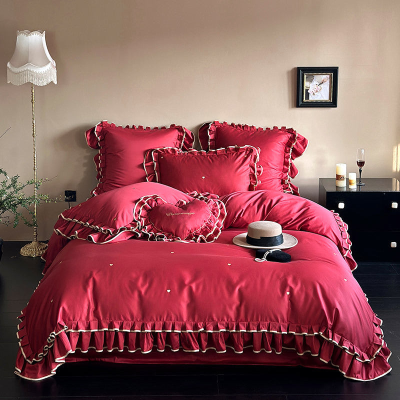 Bettwäsche-Set aus Baumwollsatin mit zweilagigem Rüschenbesatz