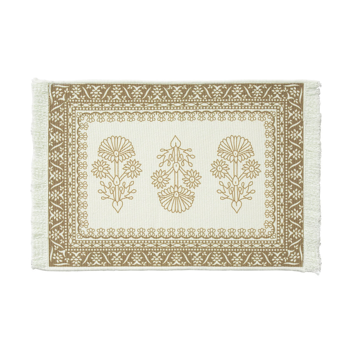 Round Woven Decorative Rug with Fringes and Botanical Pattern