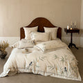 Luxurious linen bedding set with hand-embroidered bamboo and bird motif