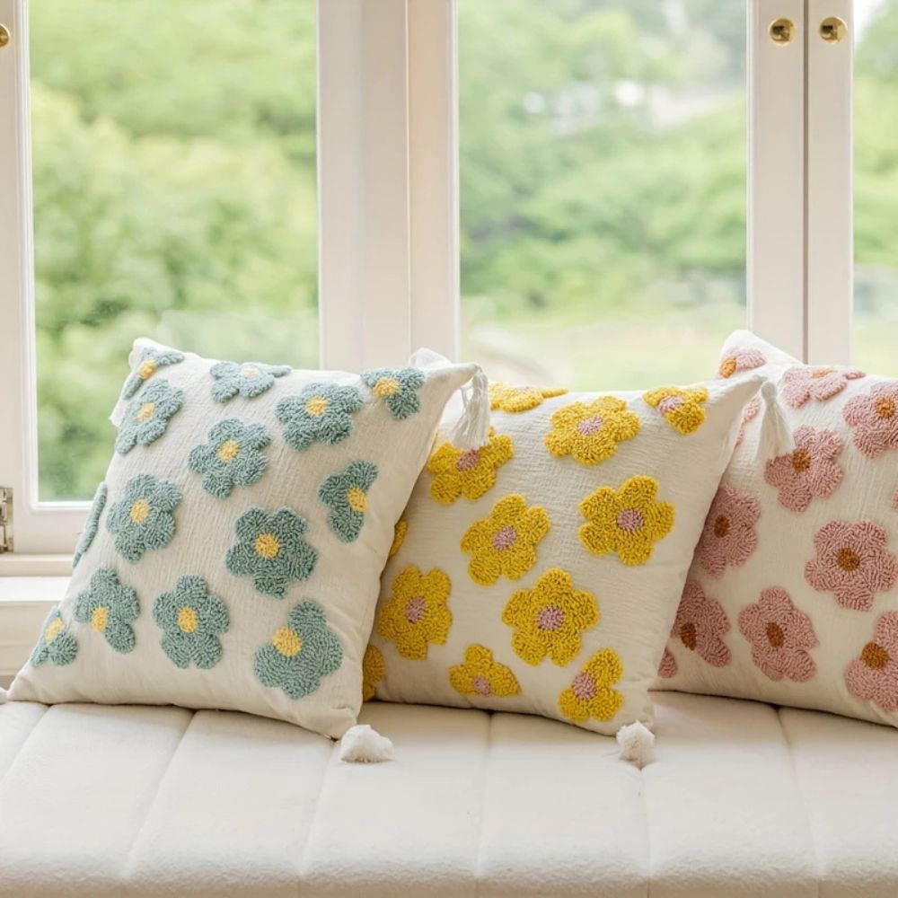 Rosy Bloom Tufted Cushion Cover