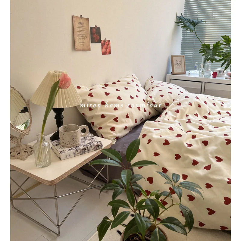 Twin, Full & Queen Duvet Cover Set – Soft Korean-Style Bedding with Heart Design