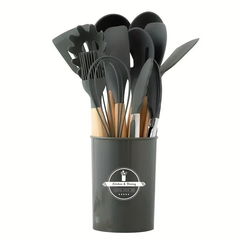12-teiliges Silikon-Küchenhelfer-Set mit Holzgriffen