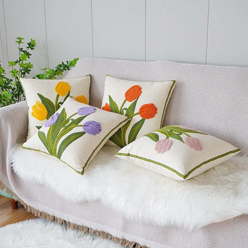 Embroidered Tulip Pillowcase