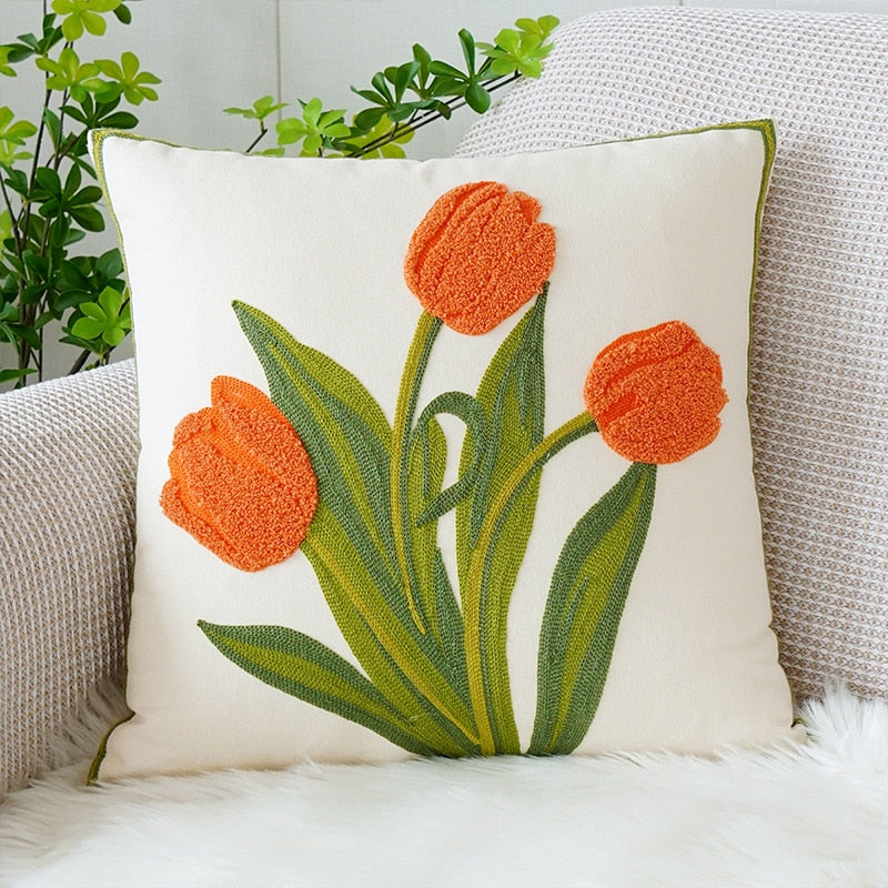Embroidered Tulip Pillowcase