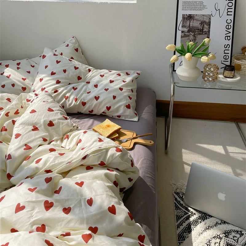 Twin, Full & Queen Duvet Cover Set – Soft Korean-Style Bedding with Heart Design