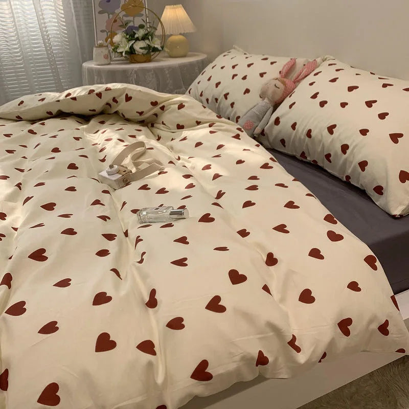 Twin, Full & Queen Duvet Cover Set – Soft Korean-Style Bedding with Heart Design