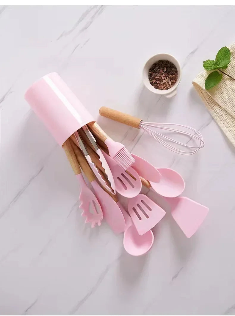 12-teiliges Silikon-Küchenhelfer-Set mit Holzgriffen