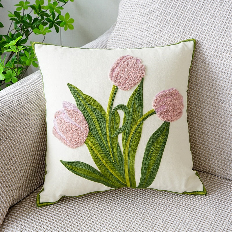 Embroidered Tulip Pillowcase
