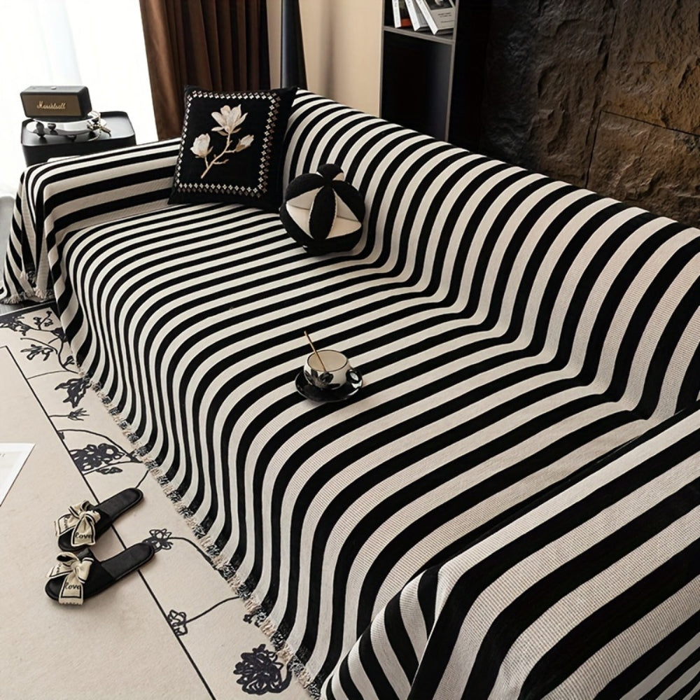 Striped Chenille Black White Sofa Cover