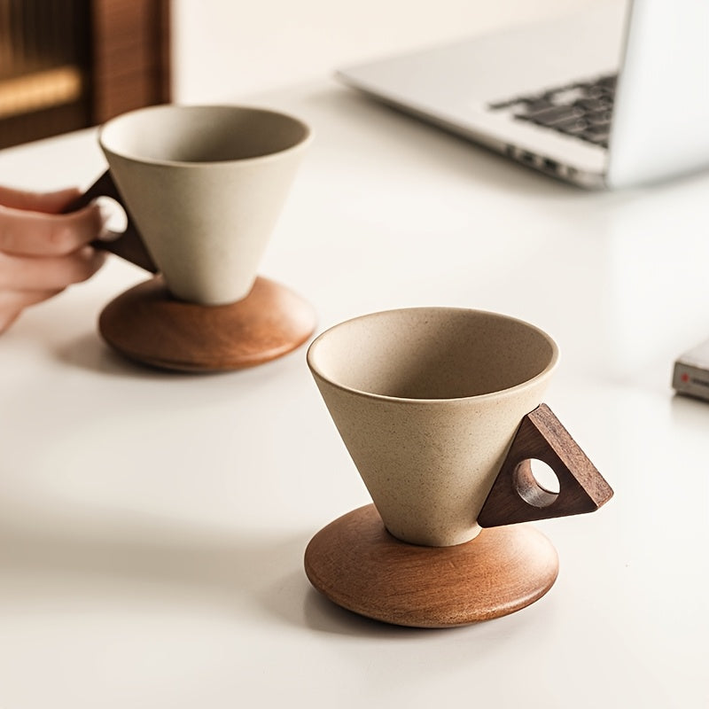 BaristaLuxe Keramik-Kaffeetasse 250ml – Handgefertigt mit Holzgriff und Untersetzer