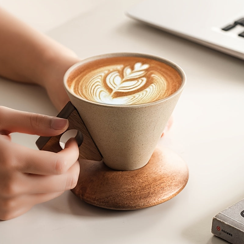 BaristaLuxe Keramik-Kaffeetasse 250ml – Handgefertigt mit Holzgriff und Untersetzer